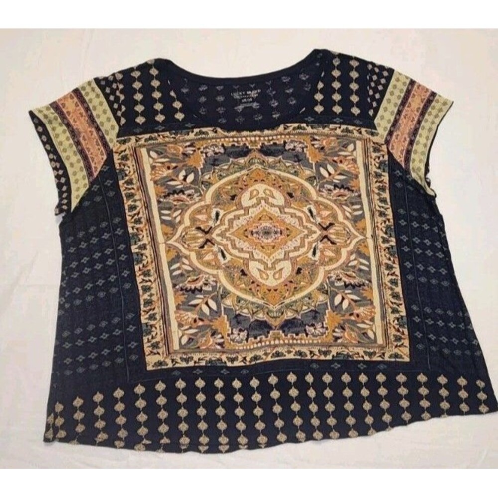 Lucky Brand Persian Carpet Tee 3X Viscose Navy Boho Scoop Neck Bouse Top Shirt